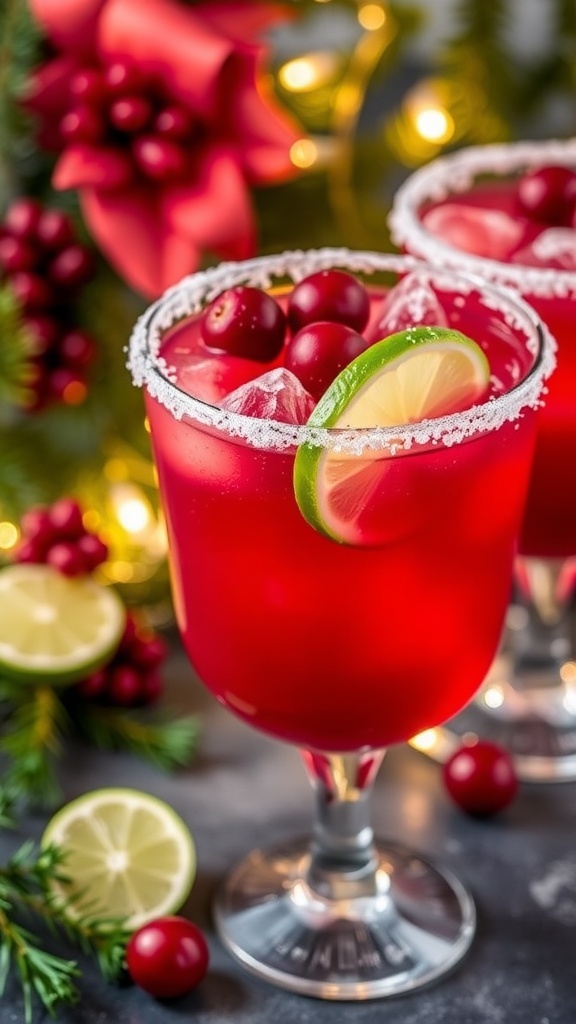 A festive tequila cocktail with cranberries and lime on a decorated holiday table.